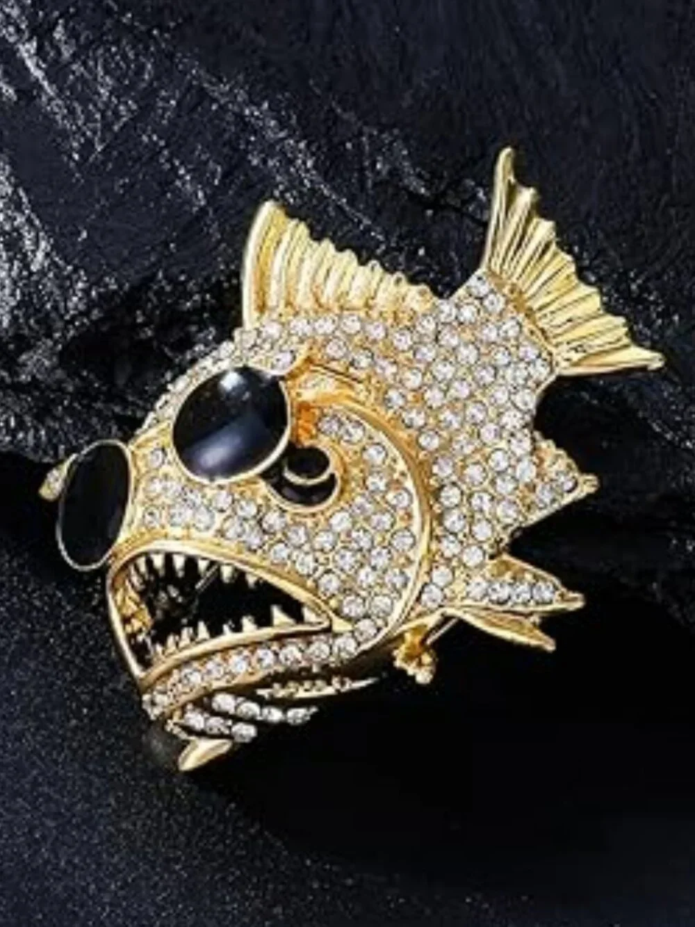 Piranha Fish Brooch with Sunglasses Pin Gold Tone Cubic Zirconia Rhinestones